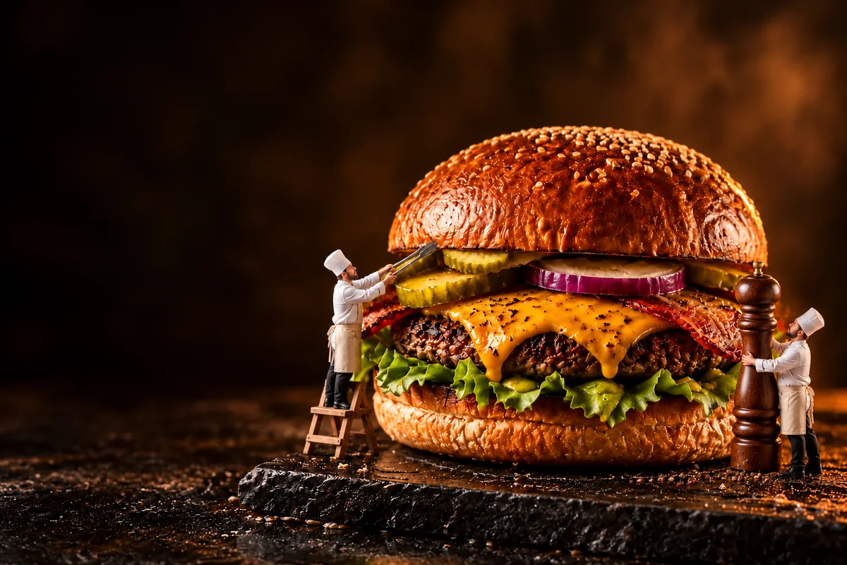 Burger simplu cu doi bucătari miniaturali, o râșniță mare și un clește