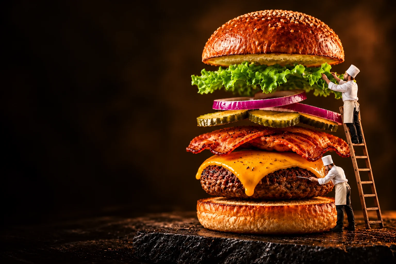 Compoziție artistică: doi bucătari miniaturali construiesc un burger cu o singură bucată de carne