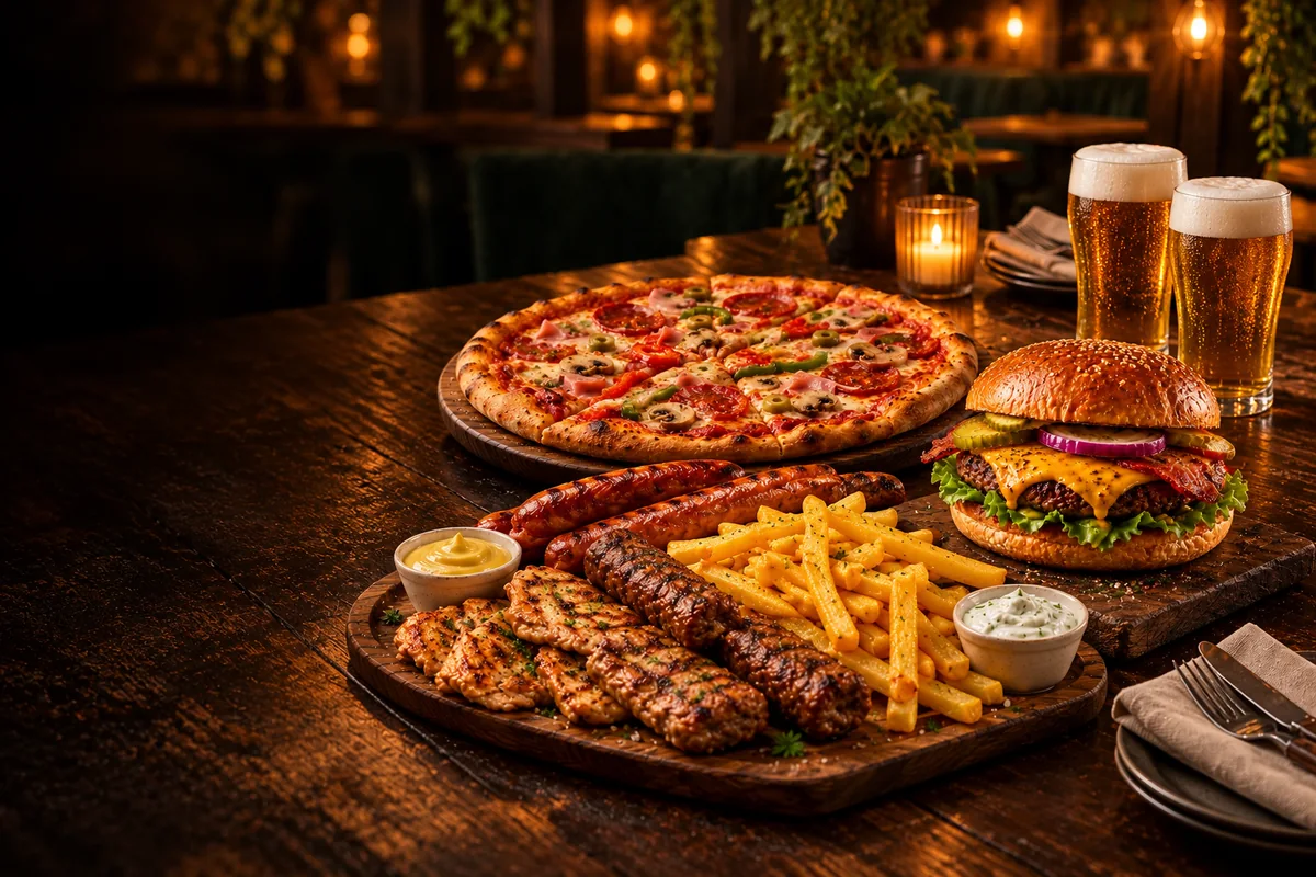 Masă de pub cu burger simplu, pizza, platou cu grătare, cartofi prăjiți și bere; compoziție generată