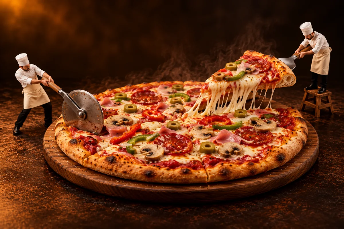 Pizza inspirată de Pizza Old Mike, cu bucătari miniaturali, tăietor mare și felie ridicată